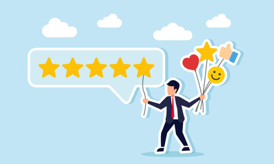 Businessman carries heart balloon, star, thumbs up, happy emoticon, and places a star balloon in a row of stars to form five stars, illustration of positive market response in business quality