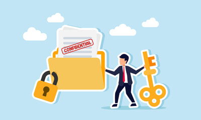 Businessman holds a key and stands next to a locked folder containing documents labeled CONFIDENTIAL, illustration of business company document confidentiality