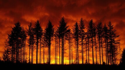 Silhouetted trees against a dramatic sunset sky, creating a serene yet vibrant atmosphere