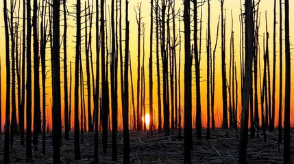 Sunset illuminating a charred forest landscape with tall, blackened trees silhouetted against the sky