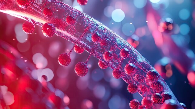 Abstract swirling liquid, red spheres, bokeh background, scientific visualization