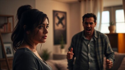 Fototapeta premium Angry man shouting at a distressed woman during an argument at home
