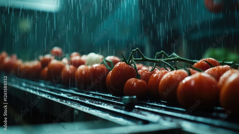 Poster close-up of fresh tomatoes on a conveyor belt, surrounded by soft rain, symbolizing freshness and th