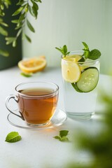 Fototapeta premium Healthy Beverage Contrast: Hot Tea and Refreshing Cold Detox Water with Cucumber, Lemon, and Mint, symbolizing balanced refreshment and wellness.