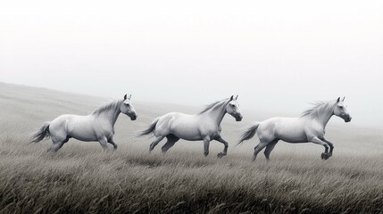 Fototapeta premium Three Majestic White Horses Running in a Misty Field