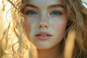 Ethereal Portrait of Young Woman with Curly Hair and Freckles in Sunlit Nature – Capturing Natural Beauty and Fashion Elegance