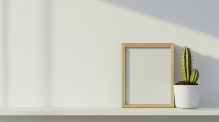 Fototapeta premium 94.A natural wooden frame with an empty center on a shelf, styled with a small, vibrant cactus plant in a matte white planter, against a plain white wall.
