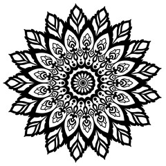 Black lined mandala background with floral pattern.