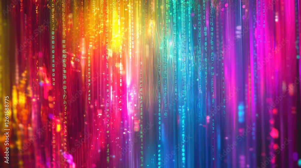 Aufkleber Colorful light streams merge with flowing binary code on an abstract digital backdrop, representing cutting-edge technology and data exchange