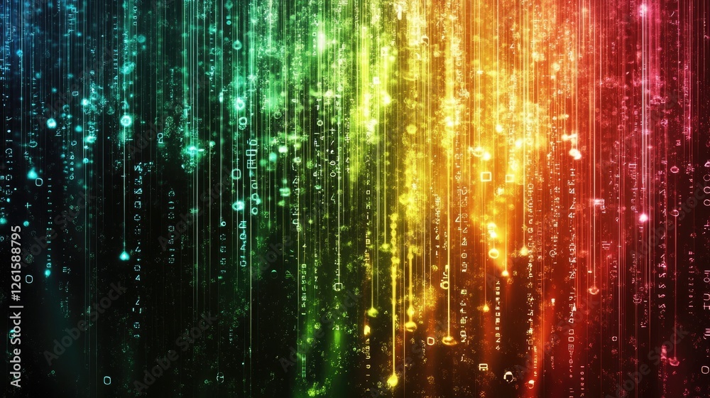 Aufkleber Colorful light streams merge with flowing binary code on an abstract digital backdrop, representing cutting-edge technology and data exchange