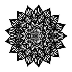 Black lined mandala background with floral pattern.