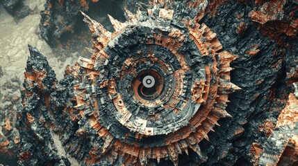 Abstract aerial view of a spiral structure resembling a futuristic landscape, with rocky textures