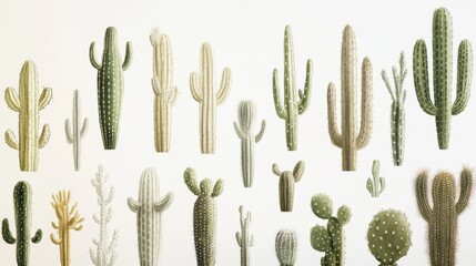 70.A playful bundle of hand-drawn desert plants, showcasing unique cactus shapes and textures in soft, earthy tones, presented as an eclectic collection for interior design.