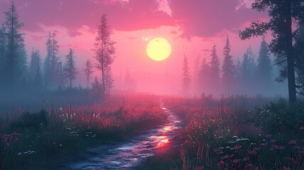 Serene sunset over a misty forest landscape with vibrant flowers and a winding path