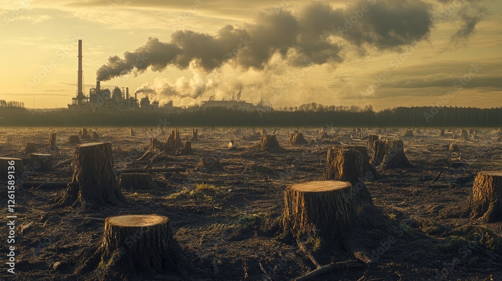 Poster deforested land with tree stumps and a factory emitting pollution in the background, a powerful visu