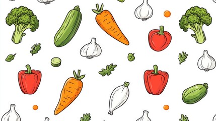 Colorful illustration of various vegetables like broccoli, carrots, and peppers on a white background