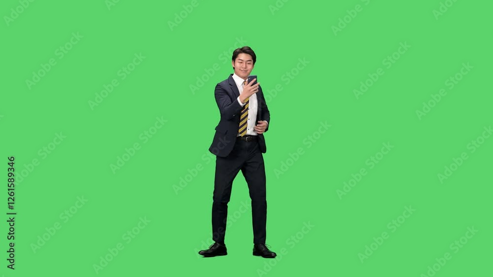 Poster スマホを使いながらダンスする男性ビジネスパーソンの全身動画　クロマキー合成用グリーンバック映像