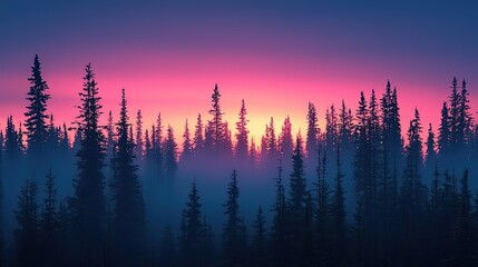 Serene twilight forest landscape with vibrant pink and purple sky, shrouded in mist