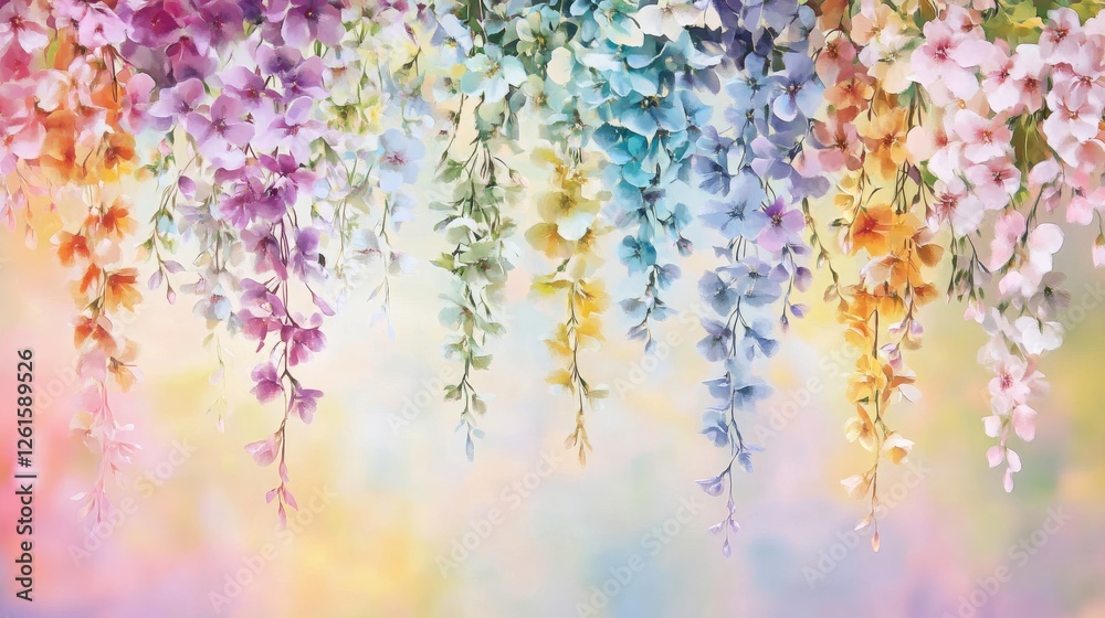 Poster elegant hanging blooms in a spectrum of colors, gently swaying against a blurred pastel background, 