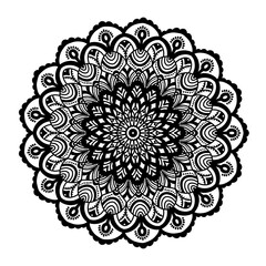 Black lined mandala background with floral pattern.