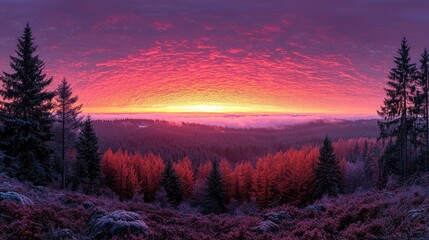 Vibrant sunset over a misty forest landscape with colorful sky and pine trees in winter