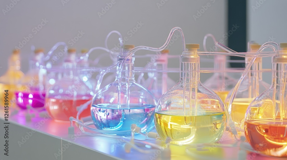 Poster Flasks containing colorful liquids connected by delicate tubes, arranged on a pristine lab bench, offering a high-tech, experimental feel