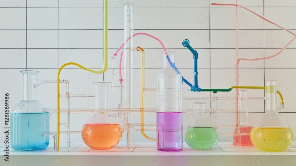 Poster Flasks containing colorful liquids connected by delicate tubes, arranged on a pristine lab bench, offering a high-tech, experimental feel
