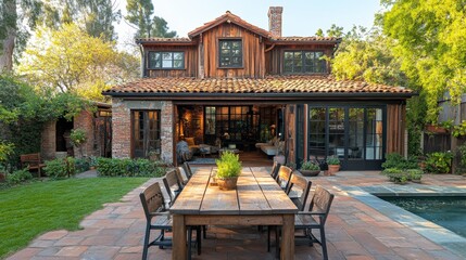 Rustic farmhouse with poolside dining and seamless indoor-outdoor living area blending vintage charm and modern amenities