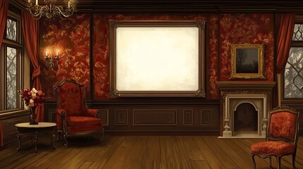 Elegant vintage interior featuring ornate furniture, rich red wallpaper, and a blank canvas