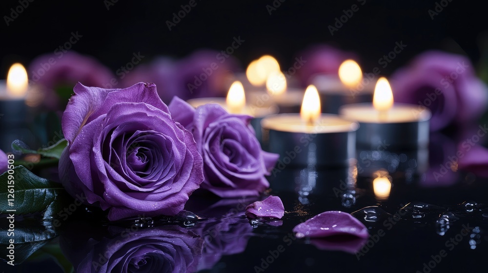 Poster funeral concept featuring purple roses and softly glowing candles on a reflective black surface, cre