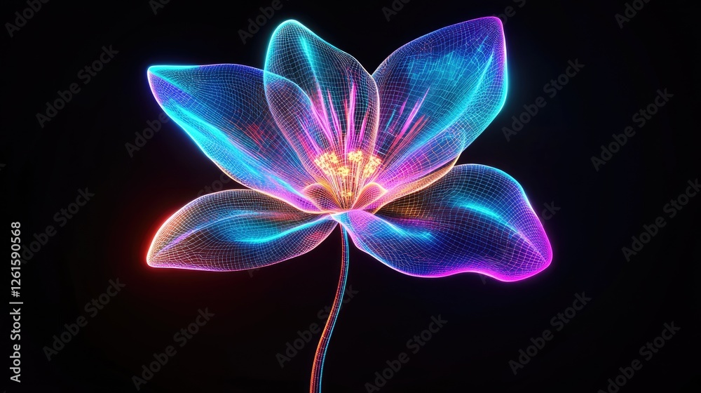 Poster futuristic digital flower with radiant holographic neon petals and glowing wireframe stem, creating 