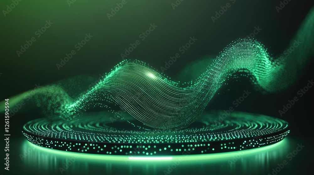 Poster Futuristic green holographic data waves spiraling toward a glowing circular platform, creating a sense of digital energy and technological flow