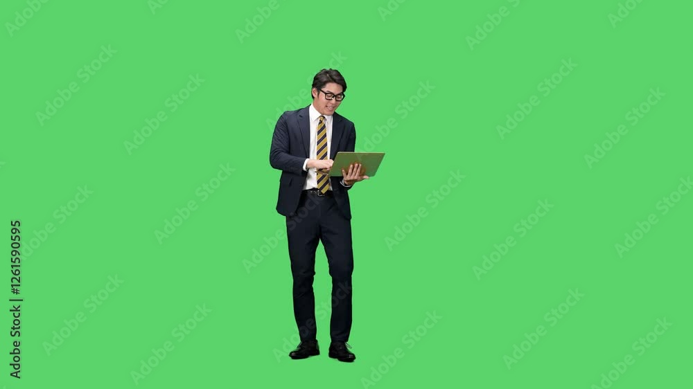 Poster ノートパソコンを使いながらダンスする男性ビジネスパーソンの全身動画　クロマキー合成用グリーンバック