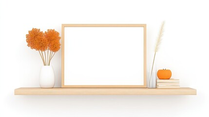 Minimalist interior scene featuring a wooden shelf with a blank frame, decorative flowers, and a pumpkin