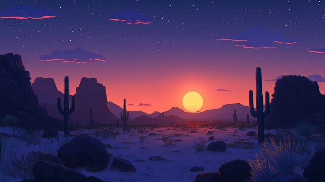 119.A tranquil Mexican desert at twilight, showcasing the silhouettes of cacti and rugged stones, framed by the radiant hues of a setting sun in the vast sky.