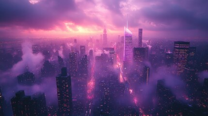 Fototapeta premium A stunning twilight cityscape showcasing skyscrapers illuminated by vibrant purple and pink hues