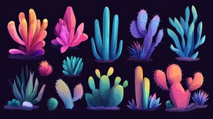 10.Flat vector set of cacti in varying shapes, from tall saguaros to small round cacti, each designed with smooth edges and vibrant colors for a cheerful look.