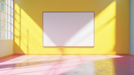 Bright, minimalist interior of a room with yellow walls and a blank white canvas for creativity