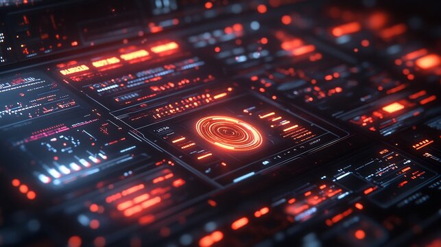 Close up of a futuristic interface with glowing red elements and complex data visualizations displayed - Powered by Adobe