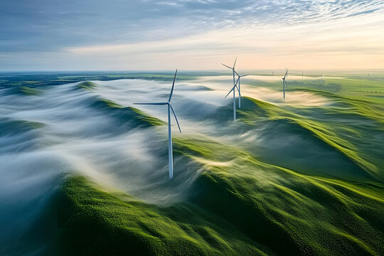 Wind turbines that produce electricity, built on a field in Skanderborg, Denmark