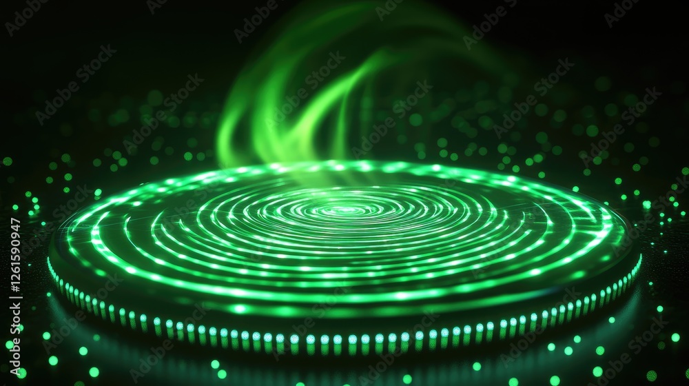 Poster green holographic waves spiraling in a circular motion toward a glowing platform, creating a dynamic