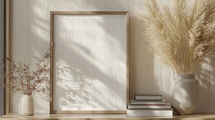 Minimalist interior scene featuring a blank frame, dried flowers, and stacked books on a wooden surface