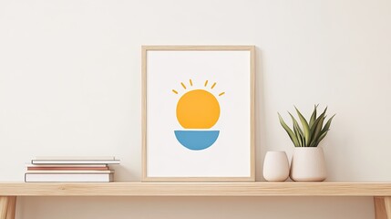Minimalistic artwork featuring a sun rising above a blue horizon, displayed on a shelf with plants