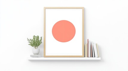 Minimalist art piece featuring a coral circle on a white background, displayed on a shelf with books