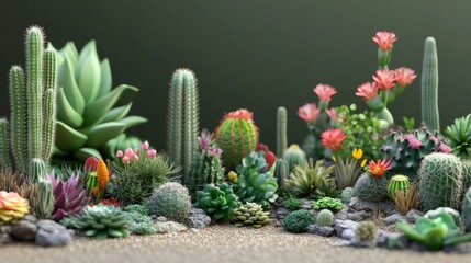 42.A vibrant 3D-rendered set of succulents and cacti, highlighting lifelike details such as spines, flowers, and textures, perfect for use in digital artwork or illustrations.