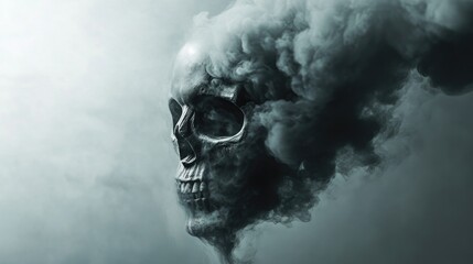 Industrial smoke twists into the shape of a skull, representing the looming dangers of CO2 emissions and highlighting environmental risks in the industrial world