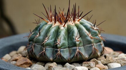 48.Detailed view of Echinocactus grusonii, focusing on the geometric patterns of its spines and the rich, vibrant green of its rounded body.