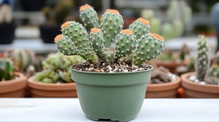 65.A visually striking opuntia cactus in a light green pot, its vibrant pads standing out against the stark white table and background, creating a contemporary, spacious feel.
