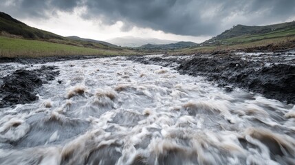 Fototapeta premium Floodwaters surge across a desolate land, storm clouds loom, capturing nature's destructive force.