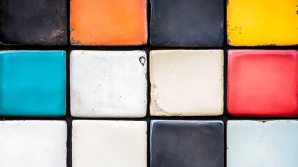 Fototapeta premium Colorful Ceramic Tiles Arranged in a Grid Pattern with Textured Surfaces for Artistic Visual Appeal